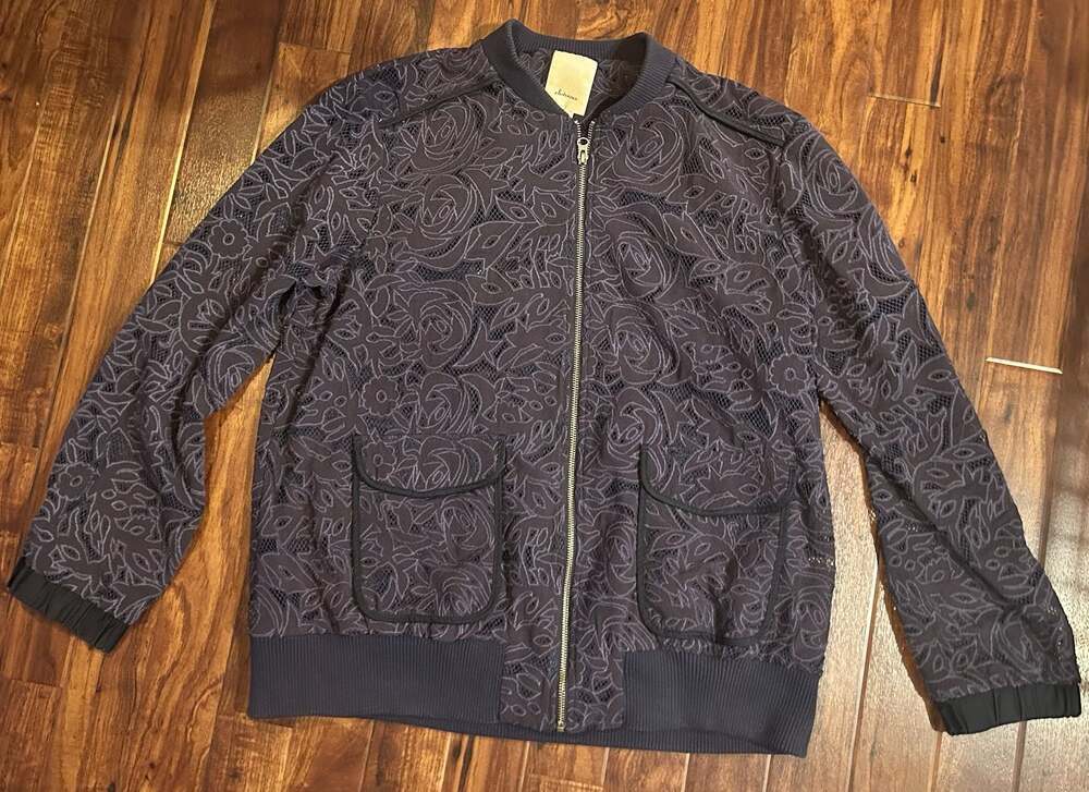 Elevenses (Anthropologie) Women's Size L Navy Blue Floral Lace Bomber Jacket